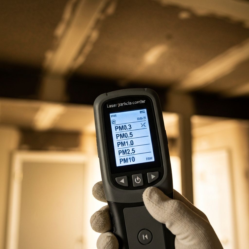 Handheld laser particle counter showing PM readings